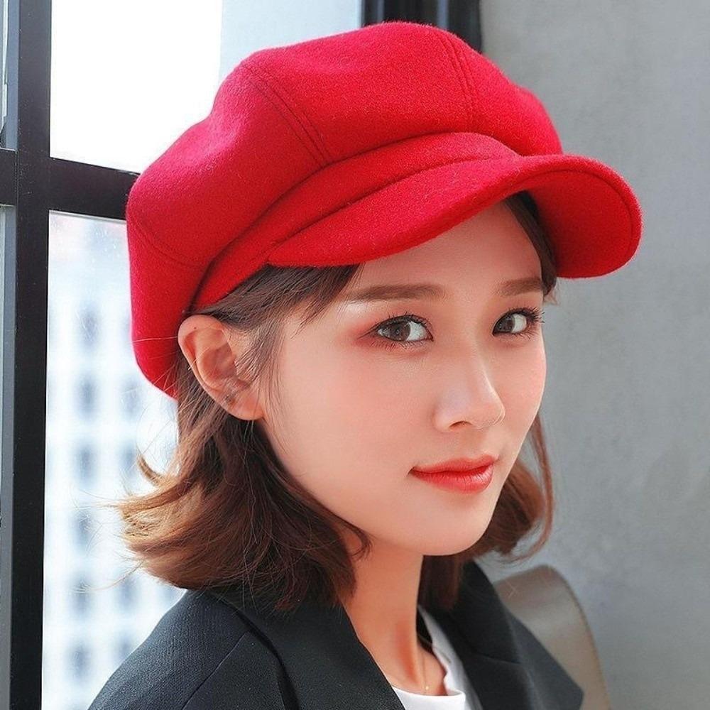 Solid Color British Berets Ear Protection Artist Hat Elegant Woolen Octagonal Hat  Girl