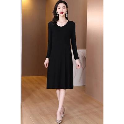 Fall Women's Crew Neck Long Sleeve A Line Midi Black Dress