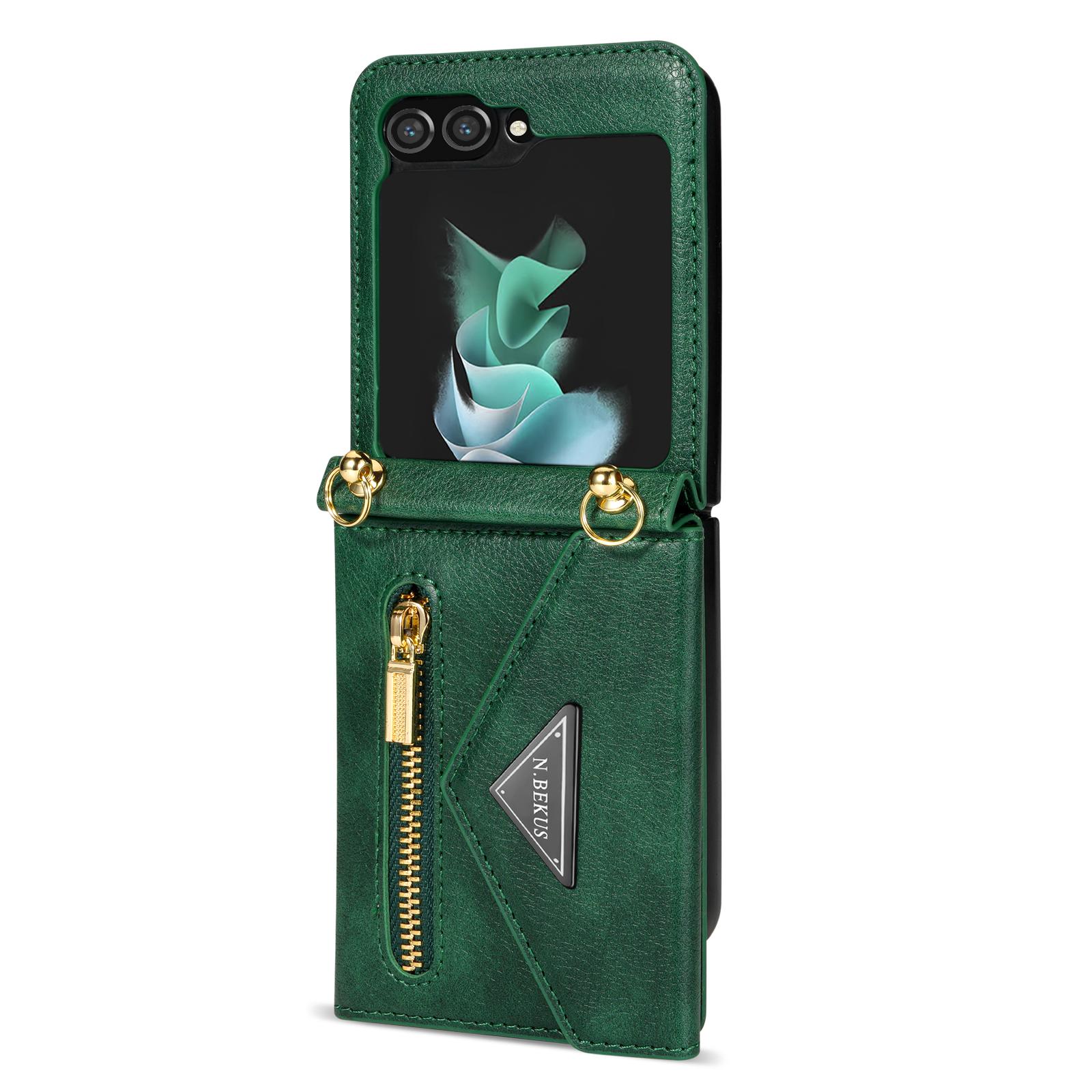 

N.BEKUS For Samsung Galaxy Z Flip5 5G Phone Case PU Leather Coated PC Zipper Pocket Card Slots Cover with Shoulder Strap Green