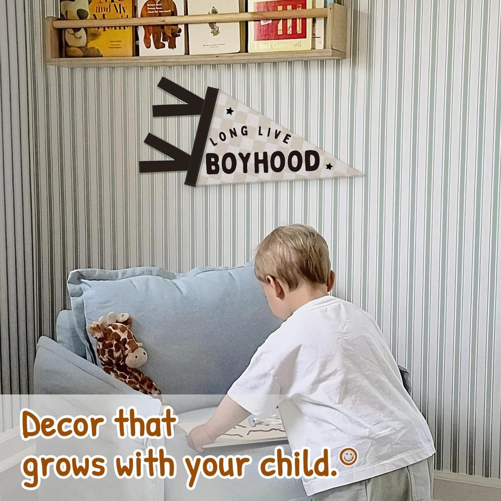 Boys Room Decor, Long Live Boyhood Wall Hanging Pennant Flag Banner, Preppy Neutral Beige Checkered Wall Decorations for Kids Boys Toddler Nursery