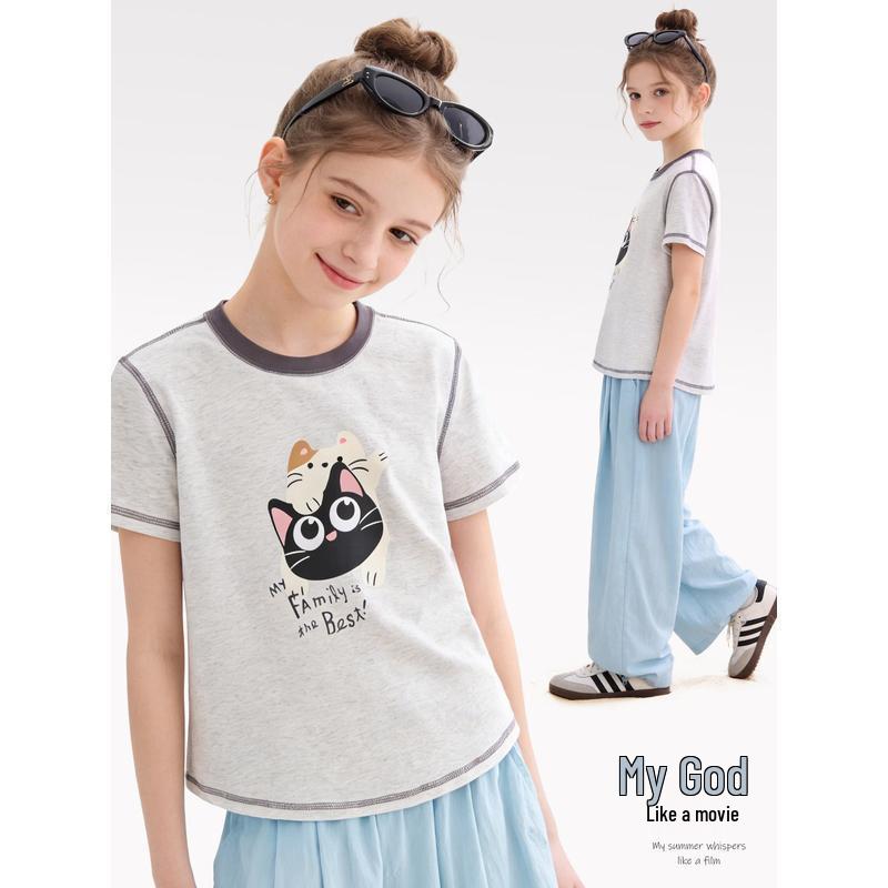 Girls  Short-Sleeve Cartoon T-Shirt, Summer 2026, Thin Casual Top, Medium/Large 170 cm