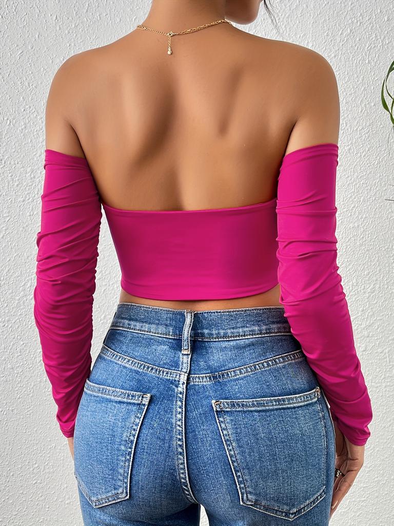 Solid Off-shoulder T Shirt Basic Long Sleeve Drawstring Crop Top Women T-shirt Casual Tank Top Slim Female Crop Top Fashion Tee Shirt Y2k Streetwear