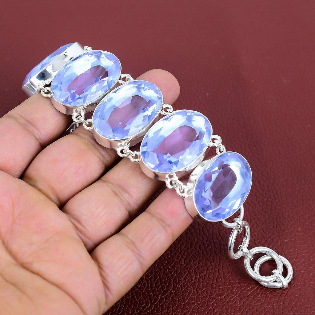 Faceted Tanzanite Quartz Bracelet Genuine Gemstone Bracelet 925 Sterling Silver Bracelet Adjustable Chain Bracelet Handmade Jewelry for Gift