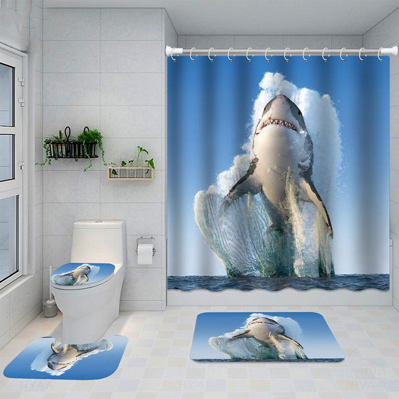 Dolphin 3D Digital Printing Shower Curtain Shower Curtain Dolphin Non-Slip Mat Four-Piece Set