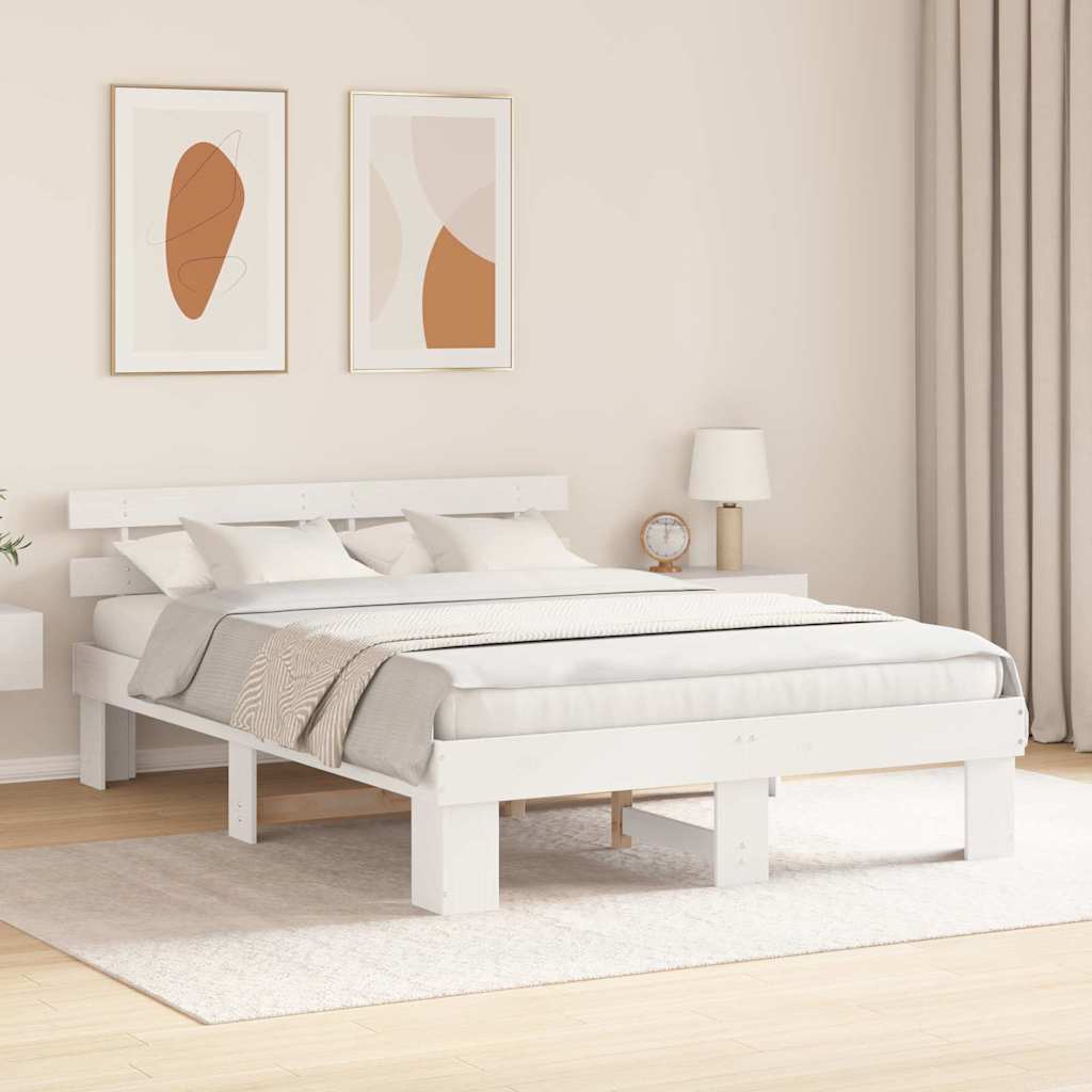 White Bed Frame with Headboard 140 x 200 cm Solid Pine Wood