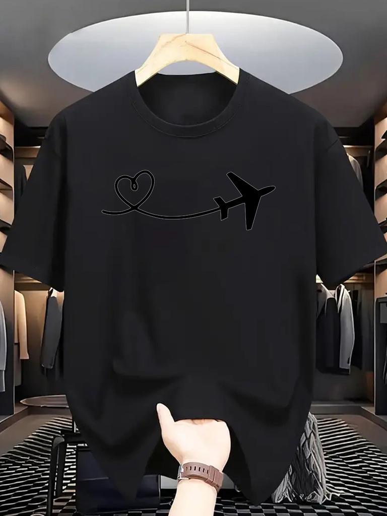 Travel Graphic T Shirt For Unisex Airplane Heart Flight Route Line Crew Neck Tee Aviation Love Print Casual Male Daily Outfit Tops