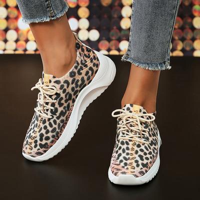 Lucyever 2024 New Leopard Print Women Sport Sneaker Plus Size Knitted Platform Tennis Female Thick Sole Walking Shoes Ladies 43