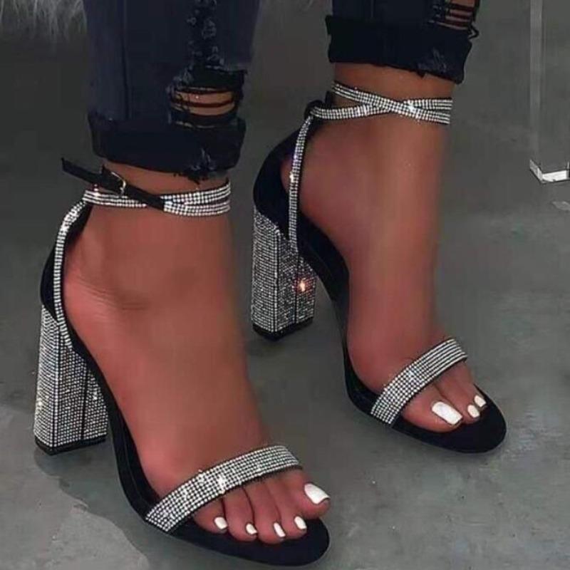 Cross-border Large Size High Heel Rhinestone Sandals Women's Summer European and American Foot Ring Buckle Strap Peep Toe Block Heel Sandals