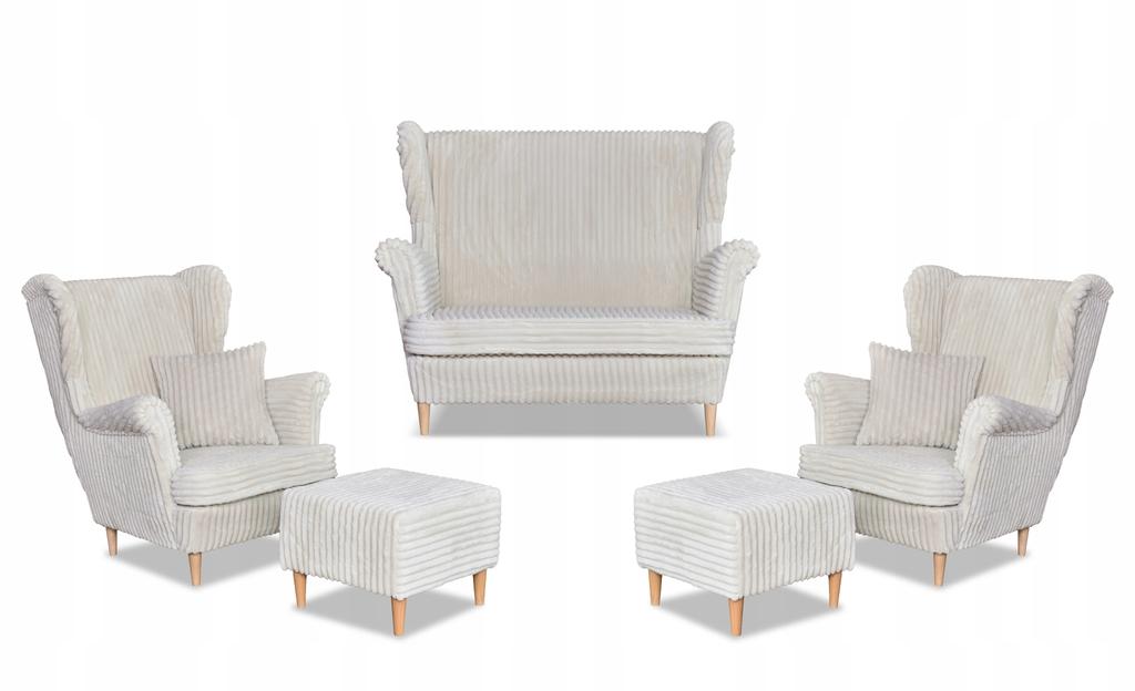 Zestaw uszak Rene Estella sofa fotele pufy Family Meble beżowy sztruks