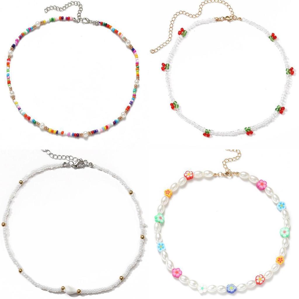 Women's Clavicle Necklace Set: White Rice Beads, ABS Pearl, Shell, Soft Clay Flower, Cherry Pendant