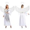 Fantasia de Anjo Halloween Feminina Vestido Robe com Decote em V Manga Flare Acabamento Metálico Dourado Brilhante com Tiara de Penas e Asas para Festa Cosplay