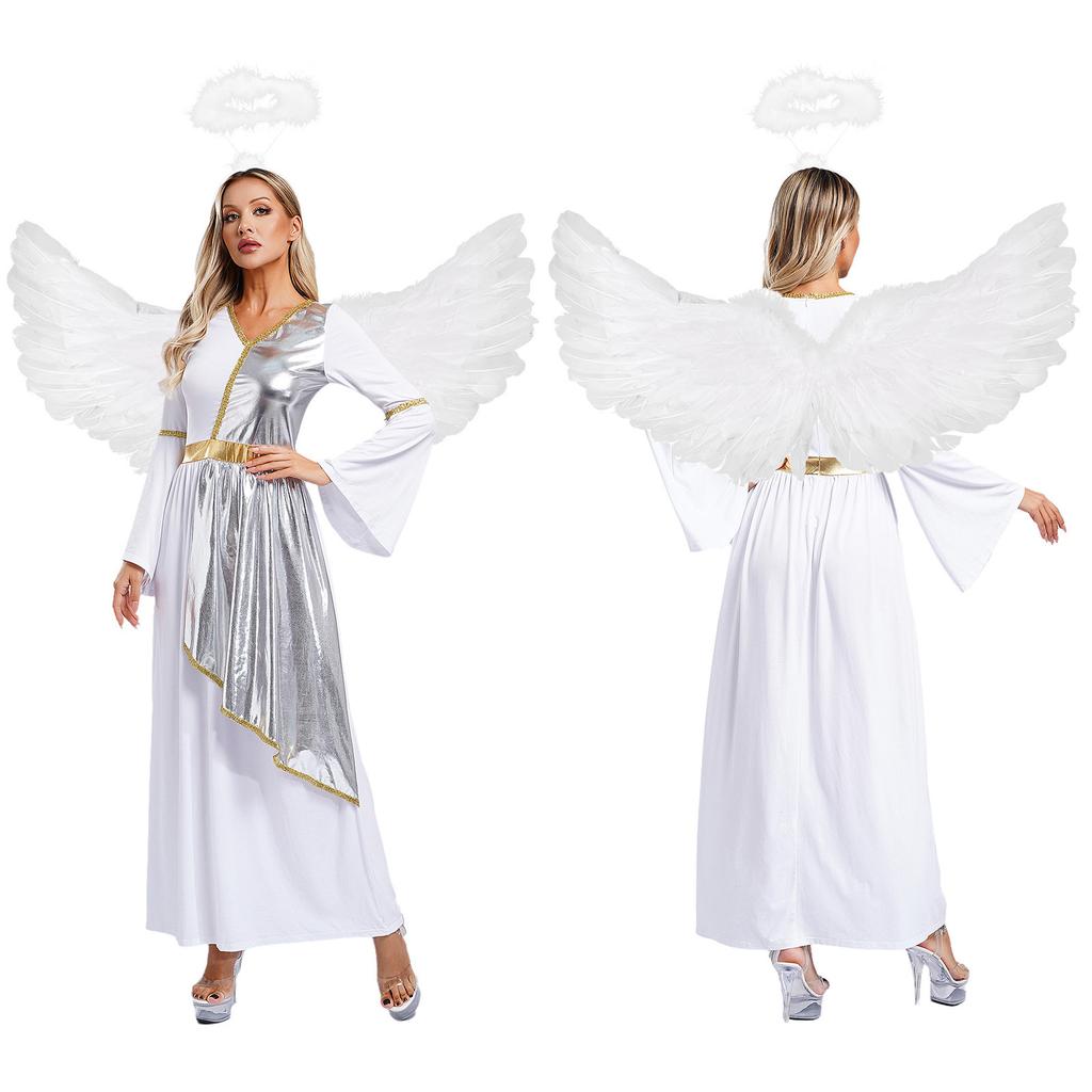 Fantasia de Anjo Halloween Feminina Vestido Robe com Decote em V Manga Flare Acabamento Metálico Dourado Brilhante com Tiara de Penas e Asas para Festa Cosplay