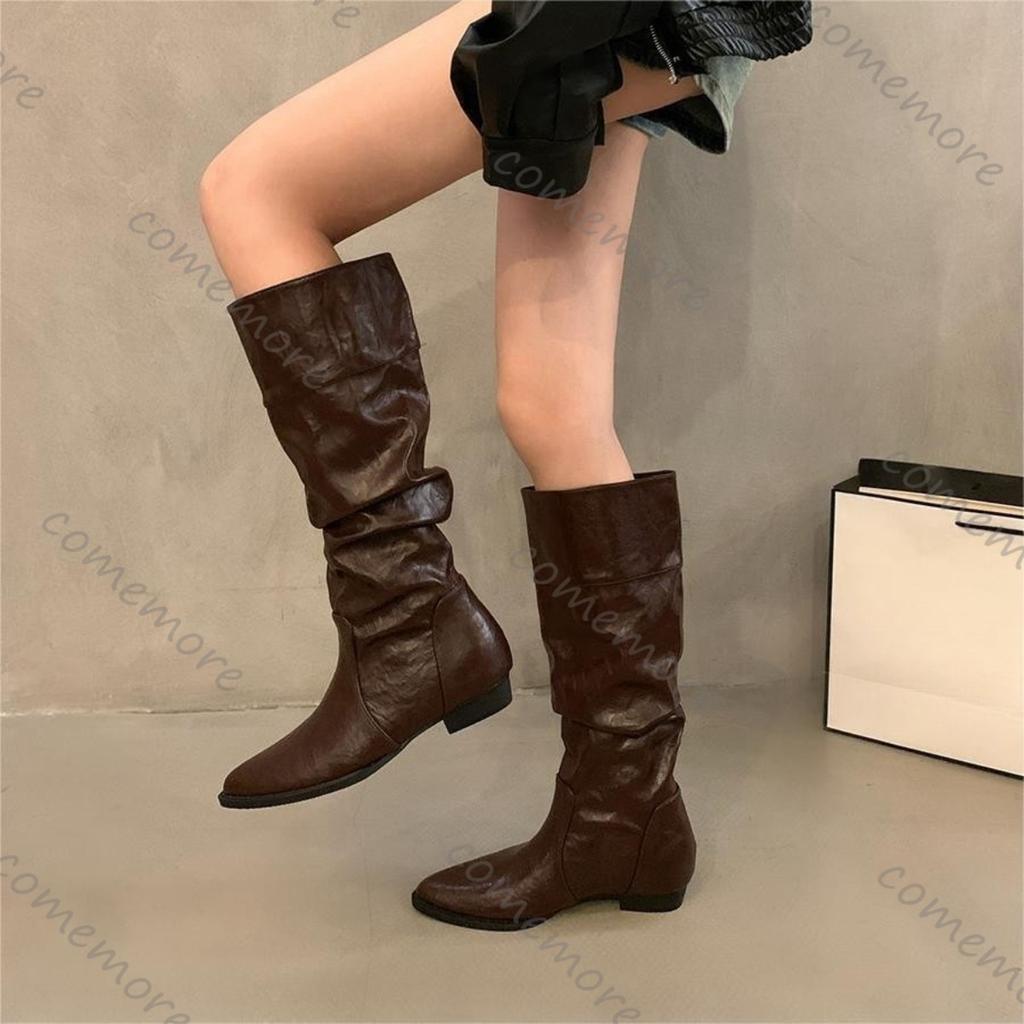 Fashion Comemore New Women Flat Long Boots Fashion Pleated Leather Autumn Winter Inner High Slip on Knee High Boots Shoes for Women