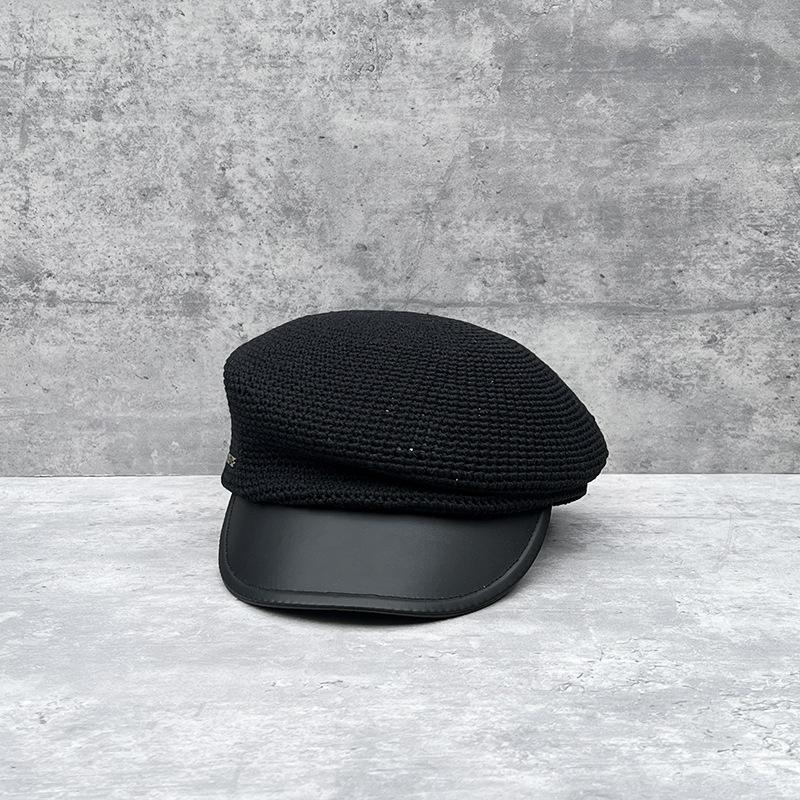 Versatile Temperament Leather Brim Inclined Top Hemp Rope Woven Face Small Equestrian Straw Hat Women'S Summer Retro Beret