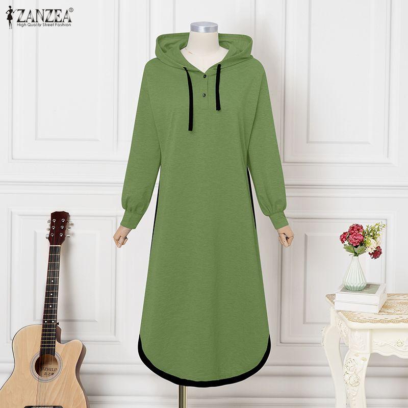 ZANZEA Herbst Damen Langarm Freizeit Dünn Mit Kapuze Pullover Langes Kleid