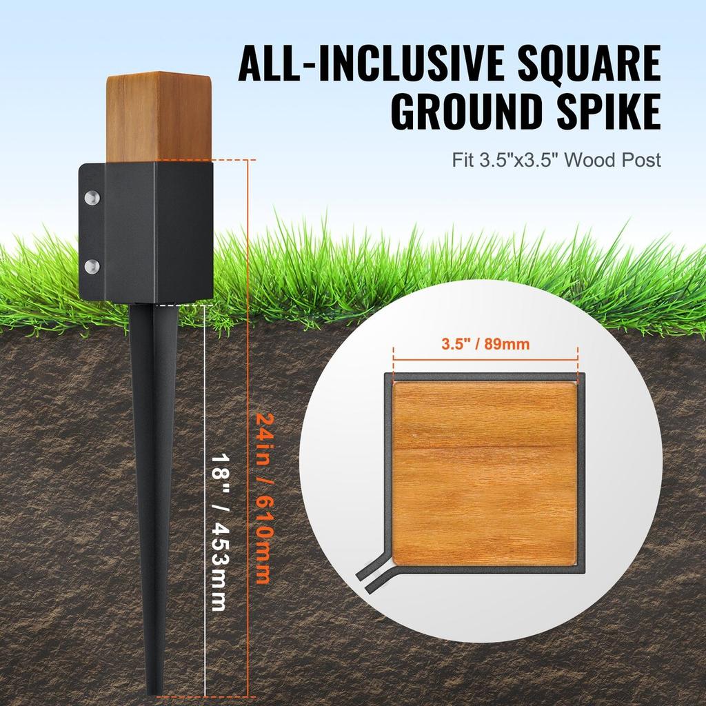 Fence Post Anchor Ground Spike, 4 Pack 24 x 4 x 4 Inches Outer Diameter (Inner Diameter 3.5 x3.5 Inches), Metal Black Powder Coated Post Stake Ground,