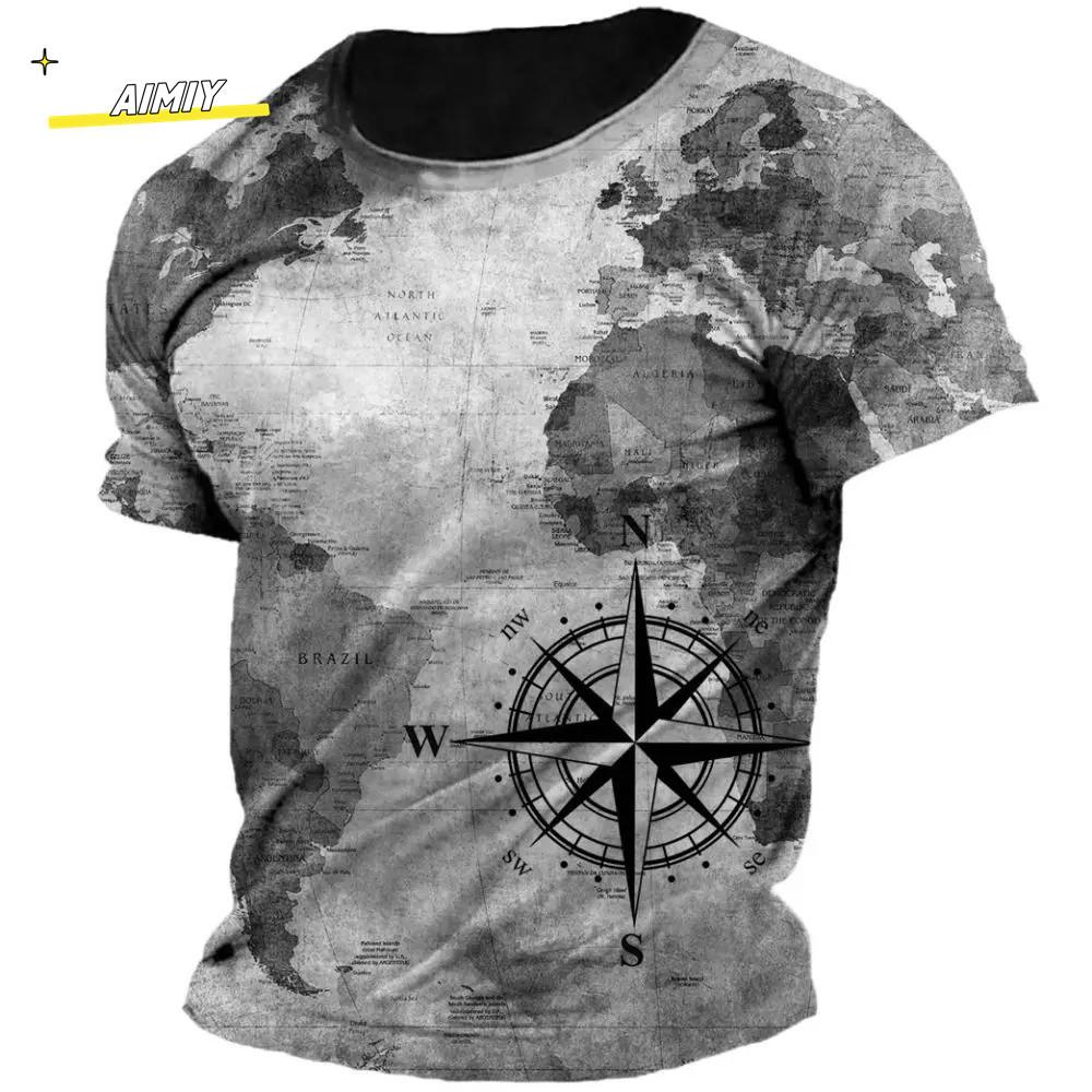 Vintage Summer Compass Pattern 3D Printed Short-sleeve Men's T-shirts Loose Daily Men Clothing Casual Streetwear
