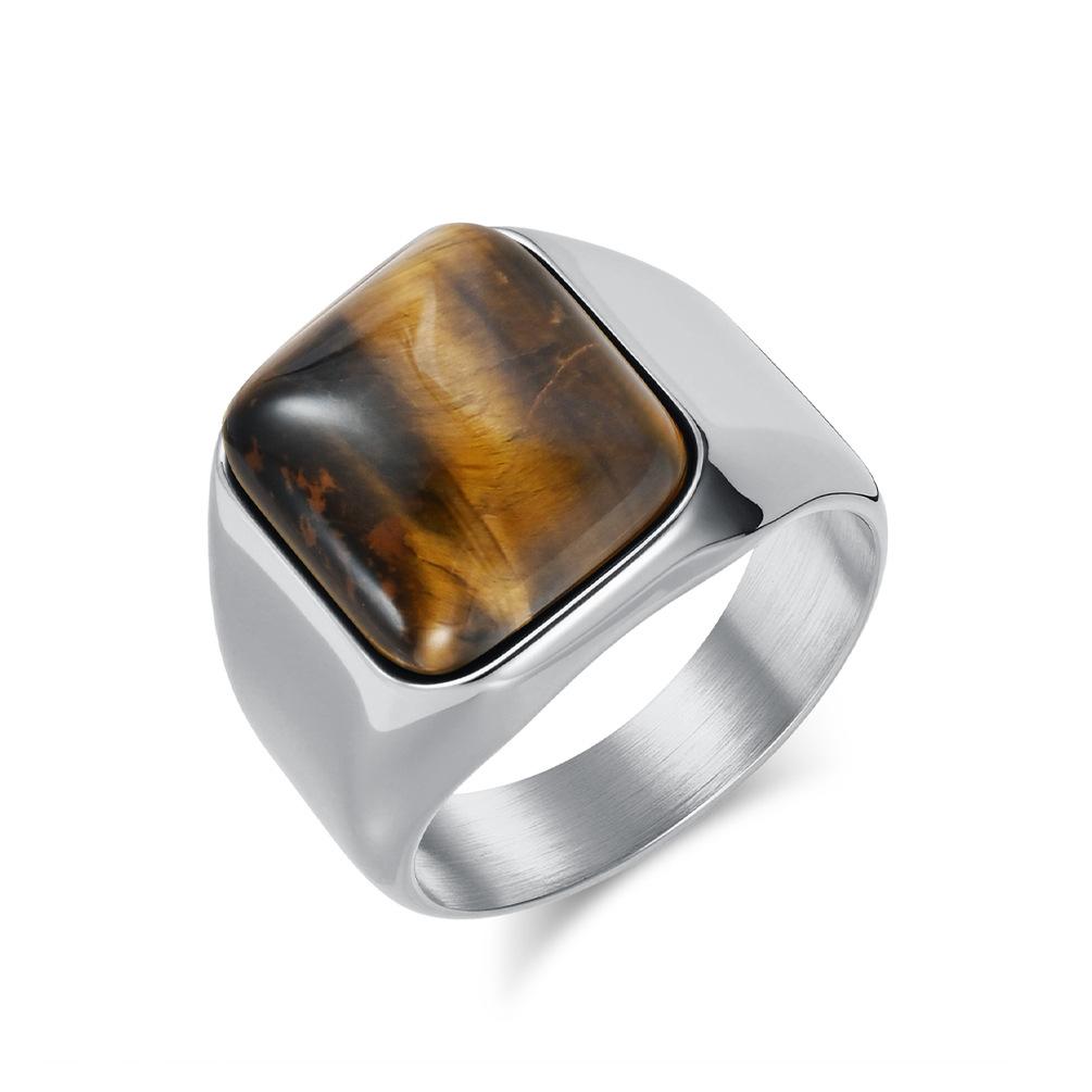 2026 Natural Gemstone Square Tiger's Eye Stone Ring Men's Personality High Sense Fashion Smooth Hand Jewelry