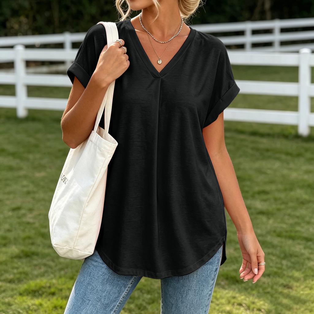 Women's Summer Short Sleeve Top V Neck Back Pleated Detail Lightweight Blouse Casual Loose Fit Shirt for Daily Wear