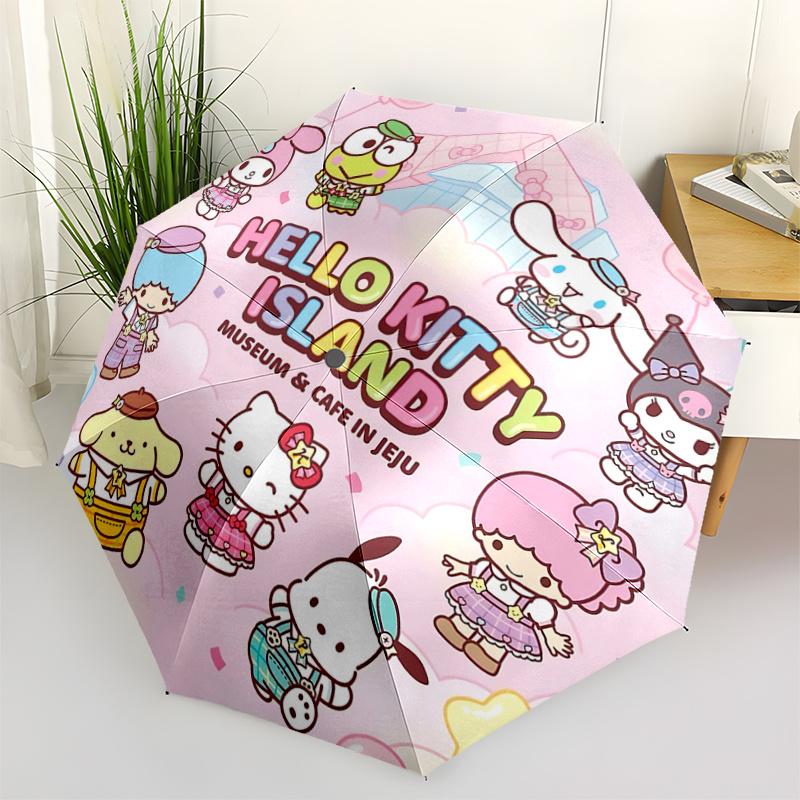 1pc Hello Kitty Island Museum & Cafe in Jeju Automatic Opening Umbrella - Portable Three-Fold Design with 8-Bone Iron Frame, Perfect for Fans, Travele