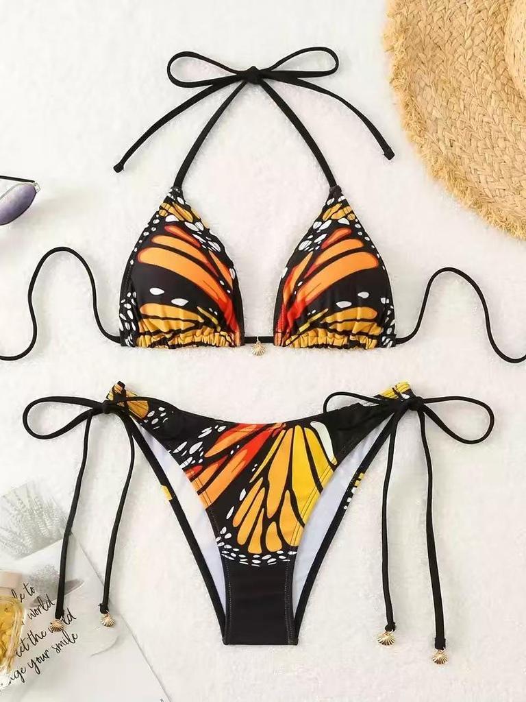 Butterfly Print Deep V Backless Bikini