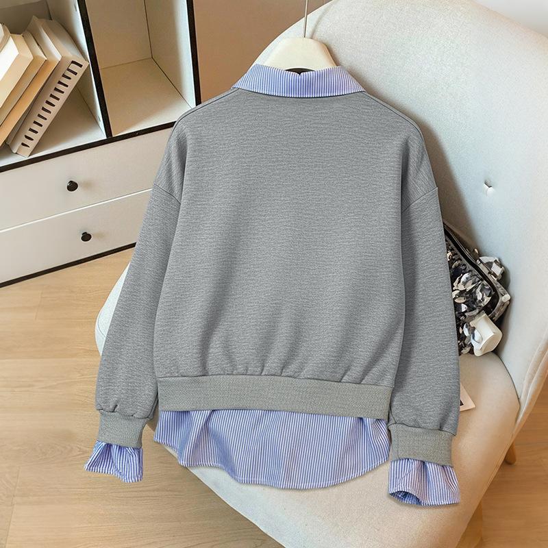 2025 Neuer Herbst Lässiger College-Stil Pullover Revers Gestreift Fake Zweiteiler Grau Sweatshirt