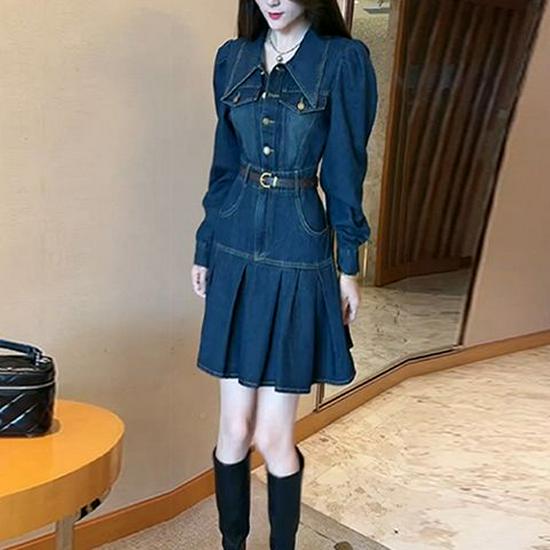 2026 Spring American Retro Slim Denim Dress with Pleated Skirt and Long Sleeves