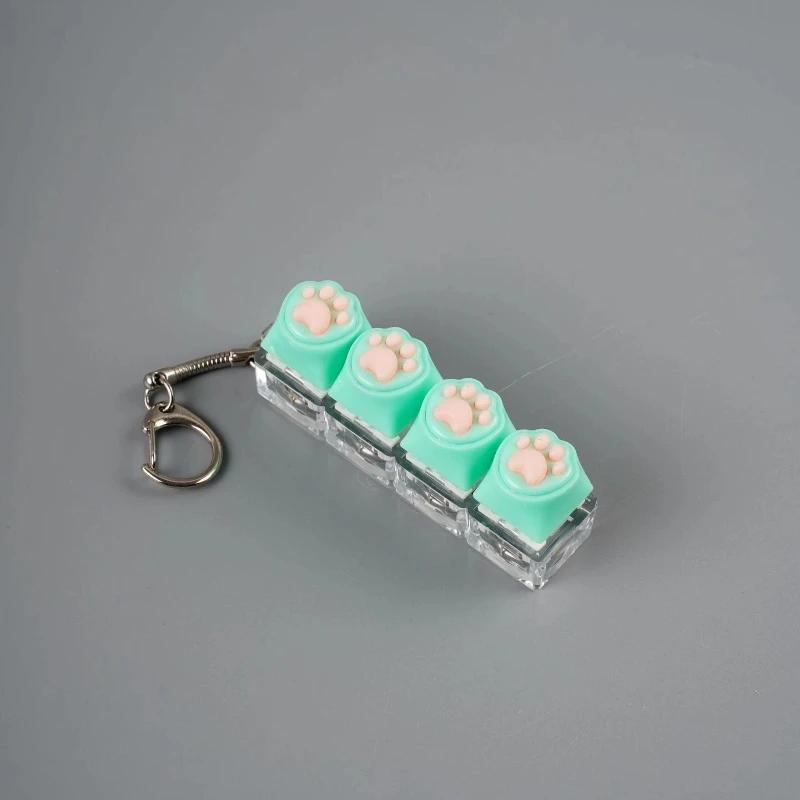 Cat Paw Glow Keychain Fidget Toy Light-Up Silicone Keyboard Button Stress Reliever Portable Clicker Keyring for Anxiety Desk