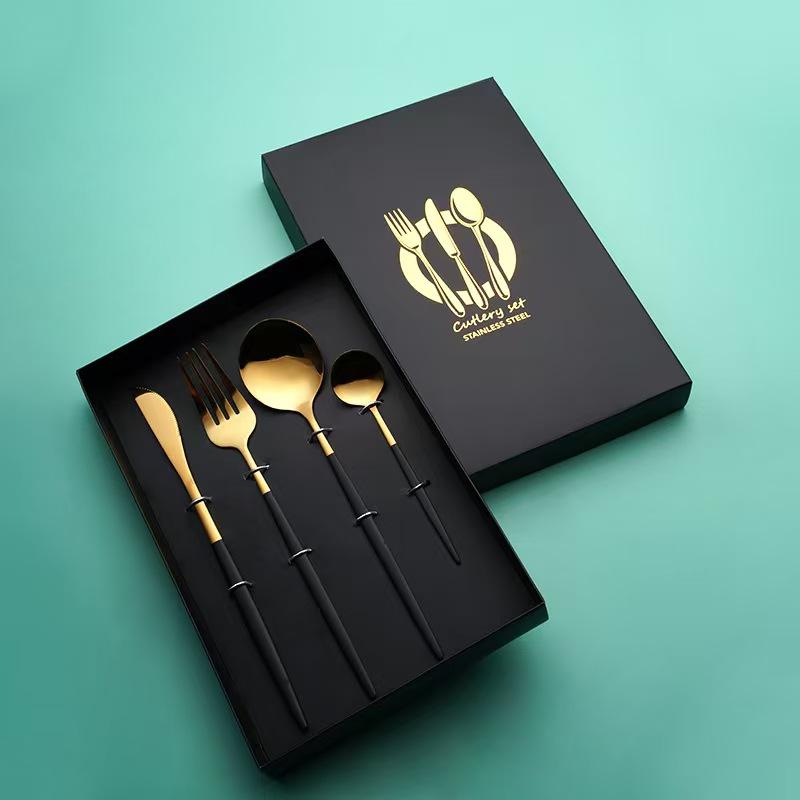 tableware 410 stainless steel, knife, table fork, table spoon, kitchen utensils, Portuguese-style, green and gold 4-piece set