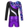 Girls Dance Set Long Sleeve Leotard Shiny Rhinestones Printed Patchwork Design Metallic High Waist Shorts