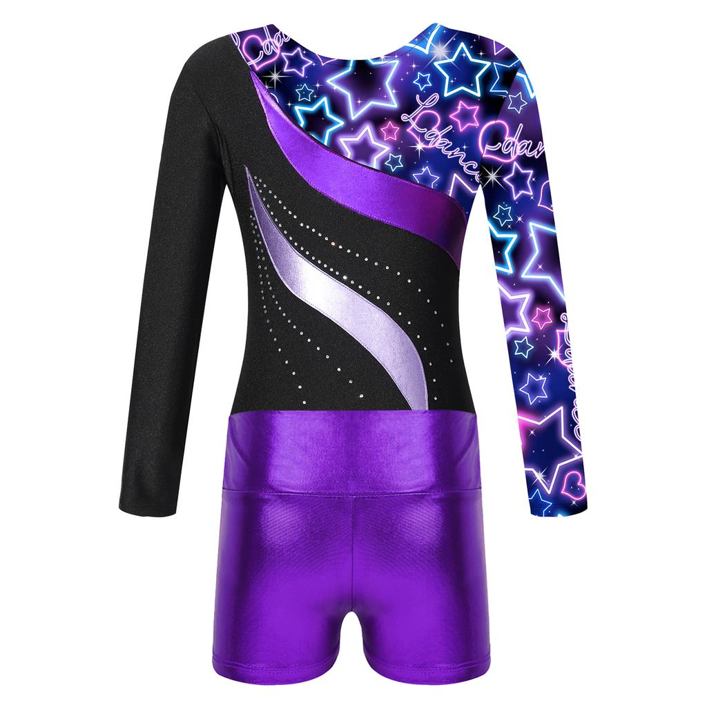 Girls Dance Set Long Sleeve Leotard Shiny Rhinestones Printed Patchwork Design Metallic High Waist Shorts