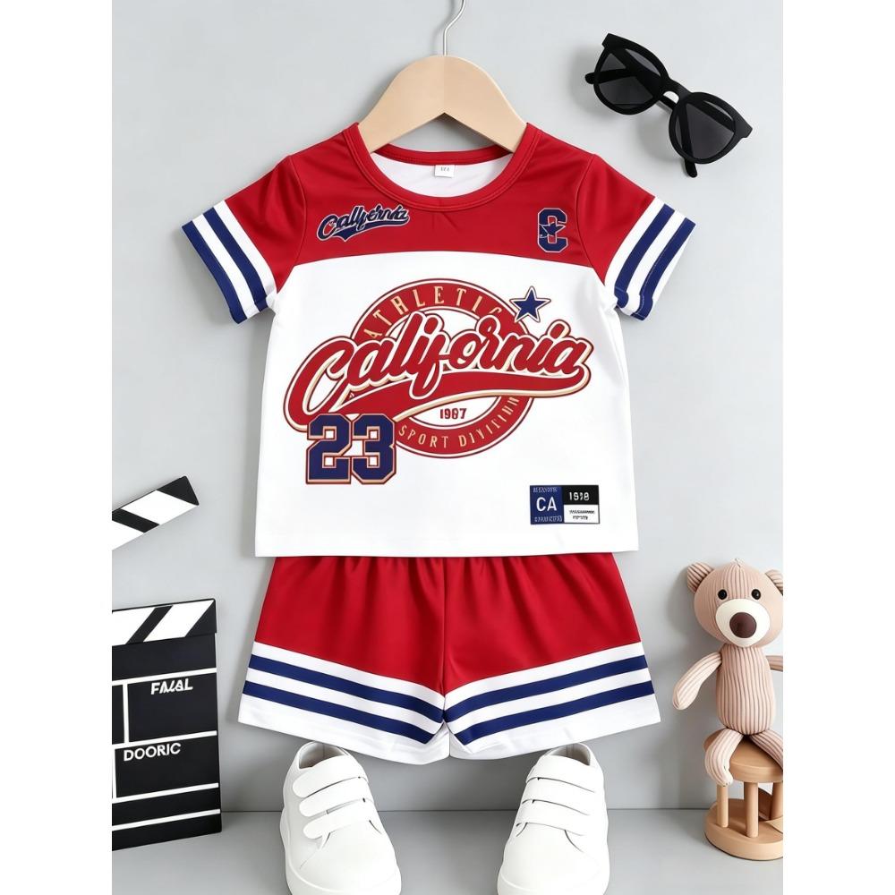 Summer Arrival Boys American Retro Style California Print Short Sleeve Stripe Shorts Set 100