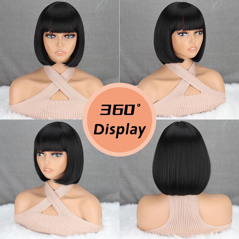 MISSQUEEN Synthetic Chic Bob Wig with Bangs Natural Straight Black Hair Elegant Shoulder-Length Cut Perfect For Women’s Fashion Accessories