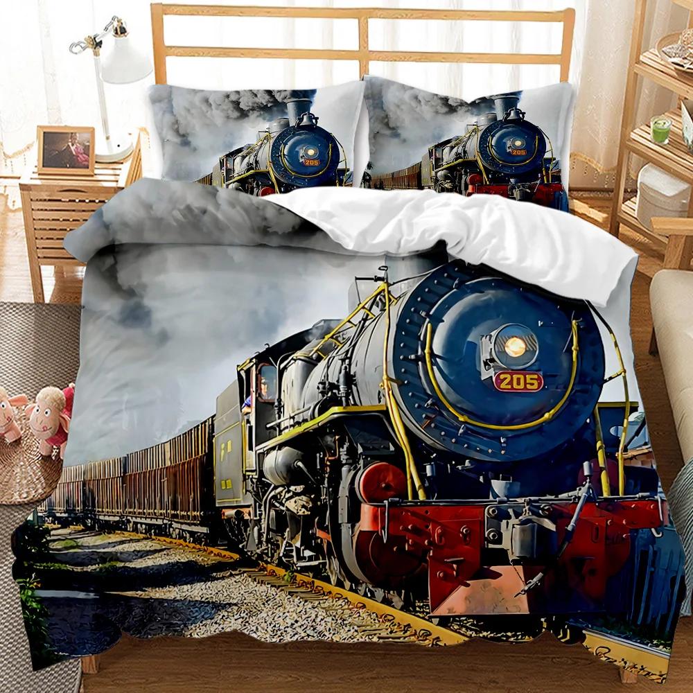 Steam Train Duvet Cover Digital Illustration Of A Locomotive Train On A Steel Railway Track Adventure Art Polyester Qulit Cover