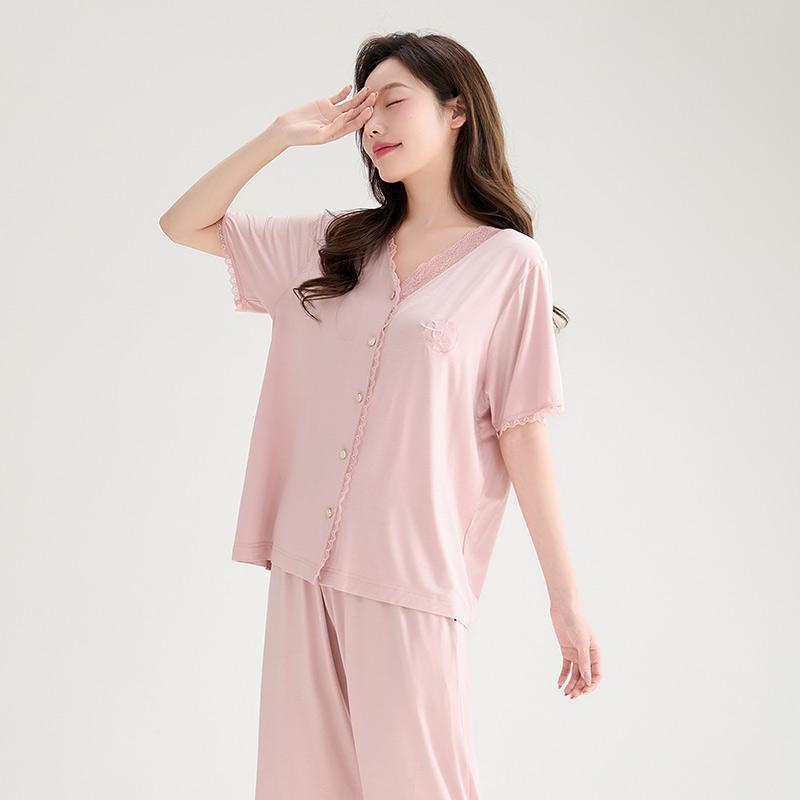 Fenteng [Soft Blended] Summer New Lace V-neck High End Short Sleeve Seven Leg Pants Home Clothes Set Women's Pajamas