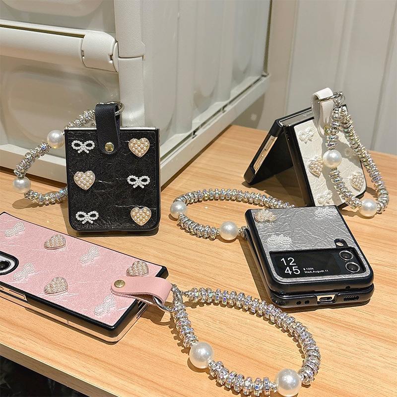 Bow Shaped Heart-shaped Leather Phone Case for Samsung Zflip6 Flip Folding Screen, Fold Bracelet Pocket