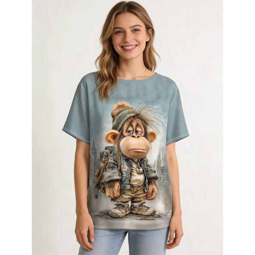 Ladies' Summer Fashion Casual T-shirt Fun Animal Pattern Printing Loose Large Size Soft Breathable Round Neck Short Sleeve T-shirt