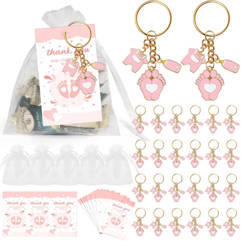 20Pcs Baby Month Celebration Souvenirs Party Decorations for Infant Welcoming Event Foot Pendant Keychains with Bags