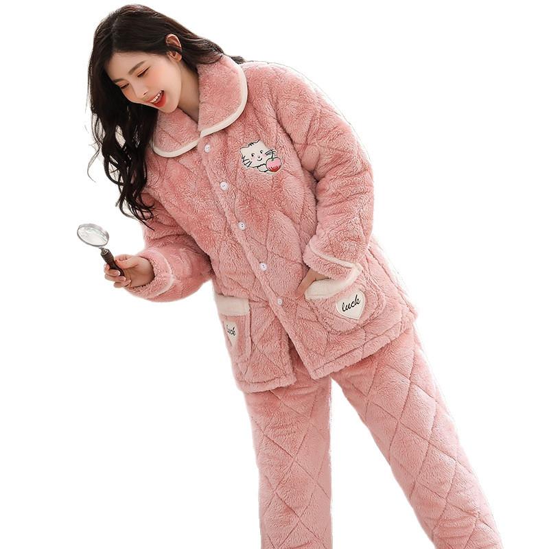Thickened And Velvet Three-Layer Padded Pajamas Women'S Winter Coral Fleece New Large-Size Loungewear Simple And Casual