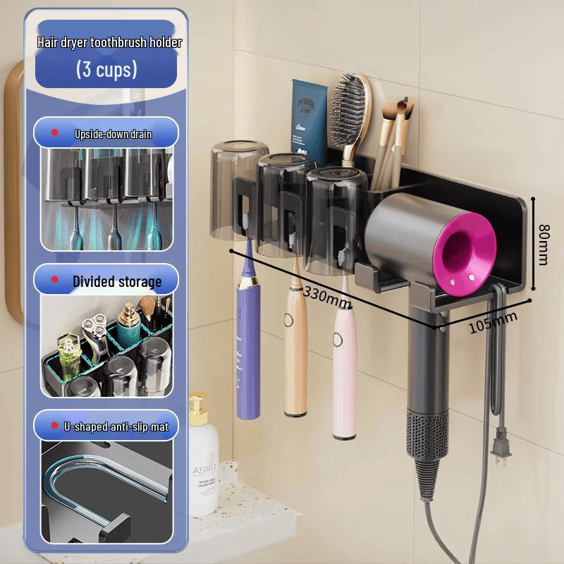 Jiabangshou Wall-Mounted Hair Dryer & Toothbrush Holder with 3 Cups