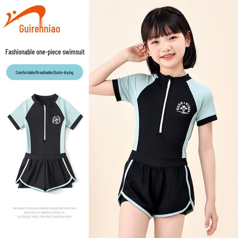 Guirenniao Girls' Sun Protection One-Piece Swimsuit Set, Quick-Drying, Medium & Large Sizes.