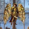 Religious Theme Room Decor Golden Archangel Warrior Acrylic Suncatcher, Faux Stained Glass Window Hanging Wing Armor Gift with Metal Chain,