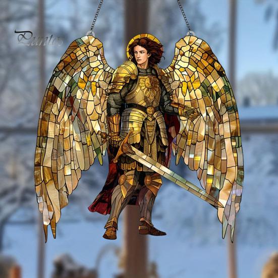 Religious Theme Room Decor Golden Archangel Warrior Acrylic Suncatcher, Faux Stained Glass Window Hanging Wing Armor Gift with Metal Chain,
