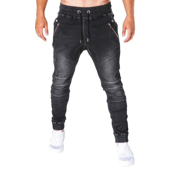 Men Jeans Solid Color Pockets Summer Washable Ankle Tied Denim Pants Streetwear