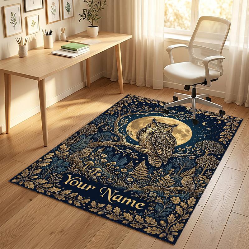 Night Owl Art Theme Soft Crystal Velvet Rug Custom Name & Text Print Non Slip Floor Rug for Bedroom Living Room