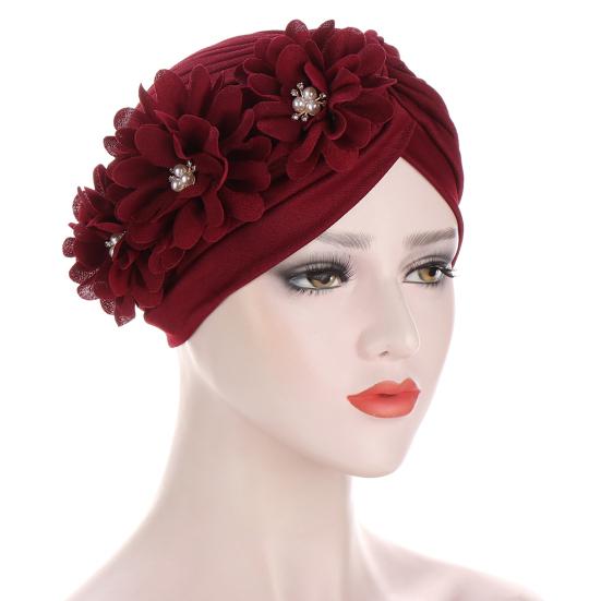 Three Flower Decal Design Turban Hat Elastic Hijab Cap Hair Loss Cover Headwear