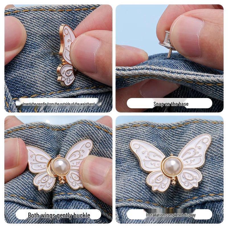 Butterfly Waist-Cinching No-Punch Jeans with Decorative Pearl Buttons