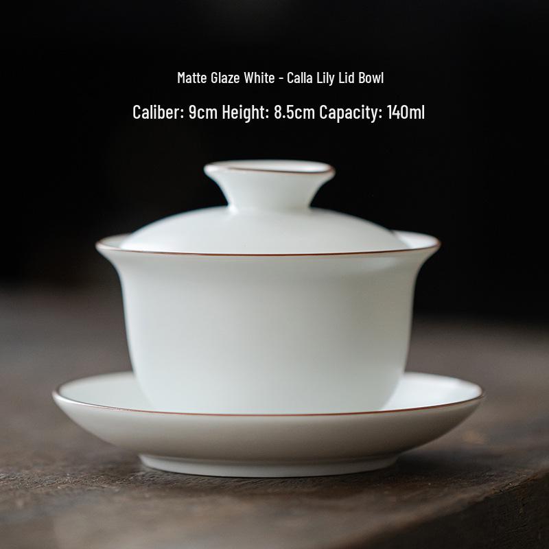 Matte White Lid Ceramic Tea Cup with Infuser and Hollow Base - Gongfu Tea Set