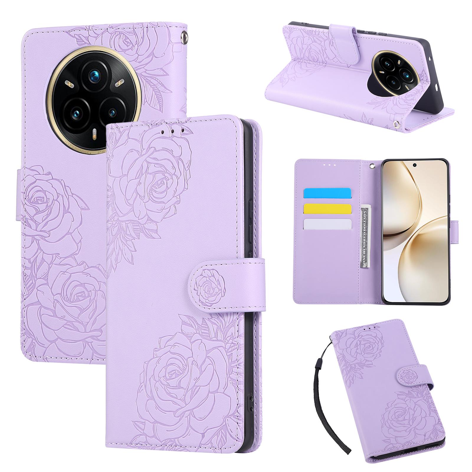 

For Realme 14 Pro 5G Case Rose Flower PU Leather Wallet Phone Cover with 3 Card Slots/Wrist Strap Light Purple