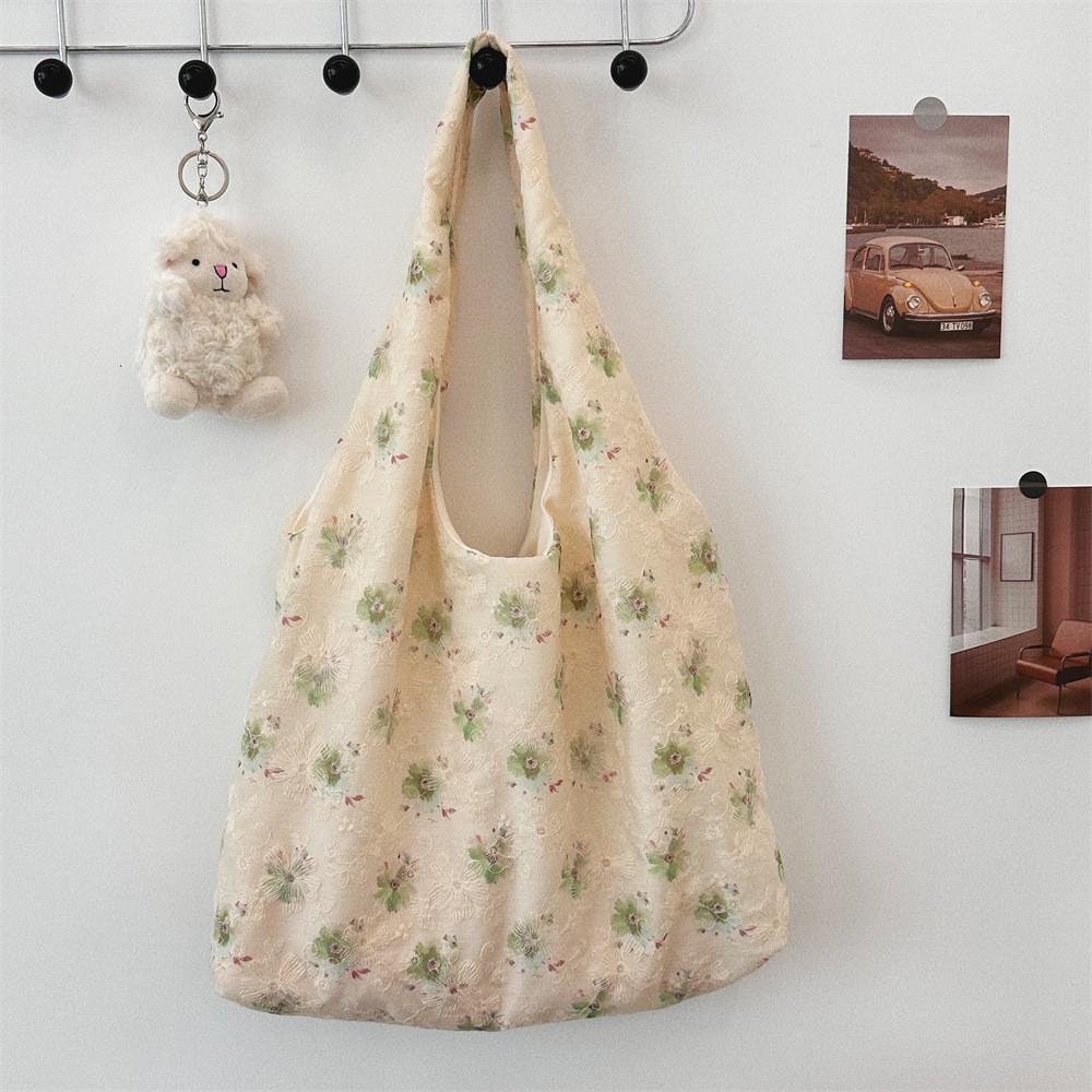 

Trendy Street Style Embroidered Flower Canvas Tote Bag For Women With Large Capacity Green Flower
